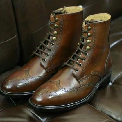 Men Handmade Brown Leather Boot, Wingtip, Goodyear..