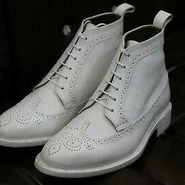 Men Handmade White Leather Boot,wingtip, Goodyear..