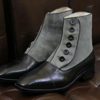 Men Handmade Two Tone Button Boots,gray Black..