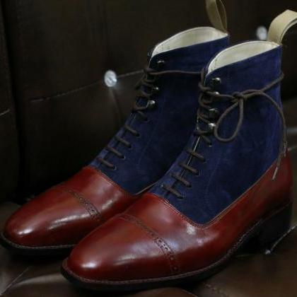 Men Handmade Two Tone Leather Boot,lace Up,blue..