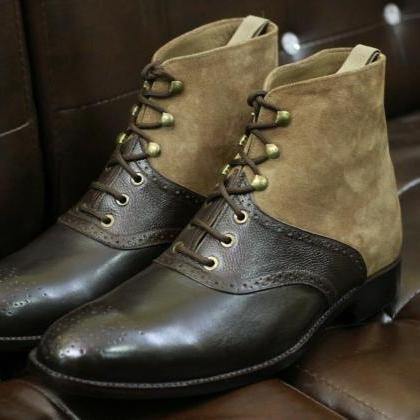 Men Handmade Suede And Black Leather Boots,two..