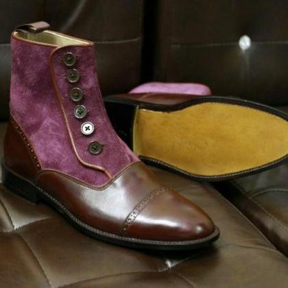Men Handmade Purple Leather And Suede Button..
