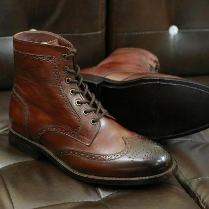 Men Handmade Brown Wingtip Leather Boots,goodyear..