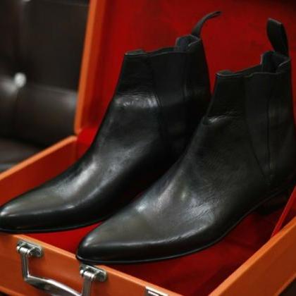 Men Handmade Black Leather Chelsea Boot Goodyear..