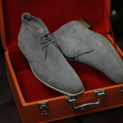 Men Handmade Gray Chukka Boot In Suede Goodyear..