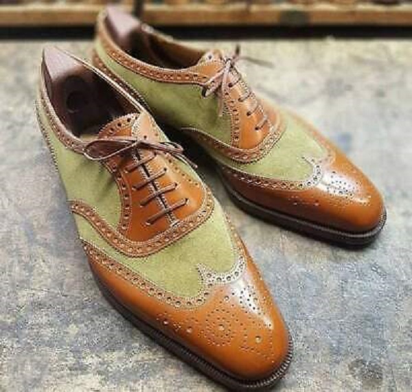 Men's Handmade Green & Brown Leather Suede Shoes, Men’s Wing Tip Brogue Shoes
