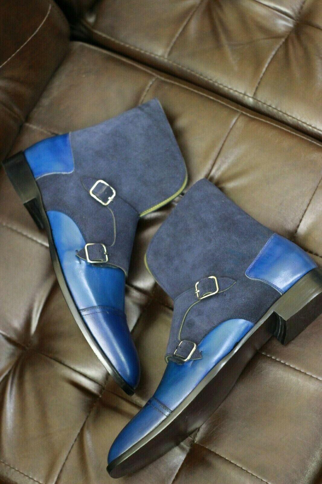 Men Handmade Multi Color Leather And Suede Boot, Goodyear Welted