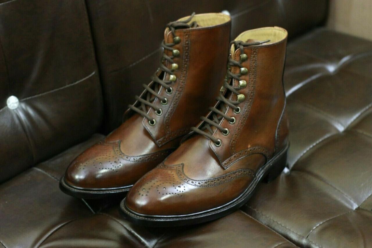 Men Handmade Brown Leather Boot, Wingtip, Goodyear Welted