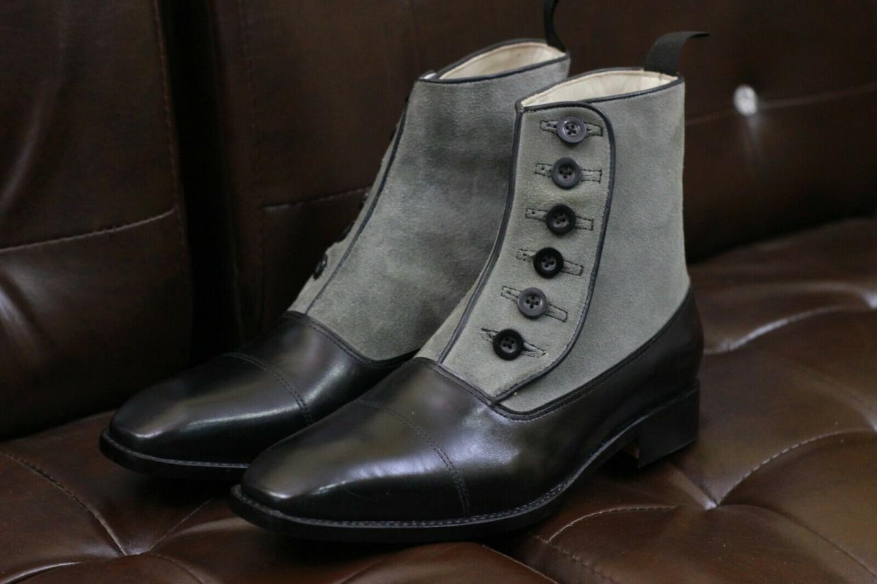 Men Handmade Two Tone Button Boots,gray Black Boots