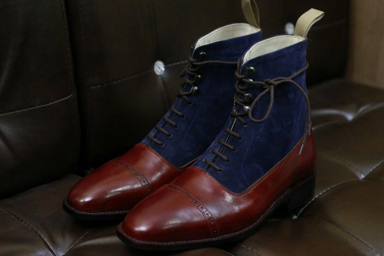 Men Handmade Two Tone Leather Boot,lace Up,blue And Brown