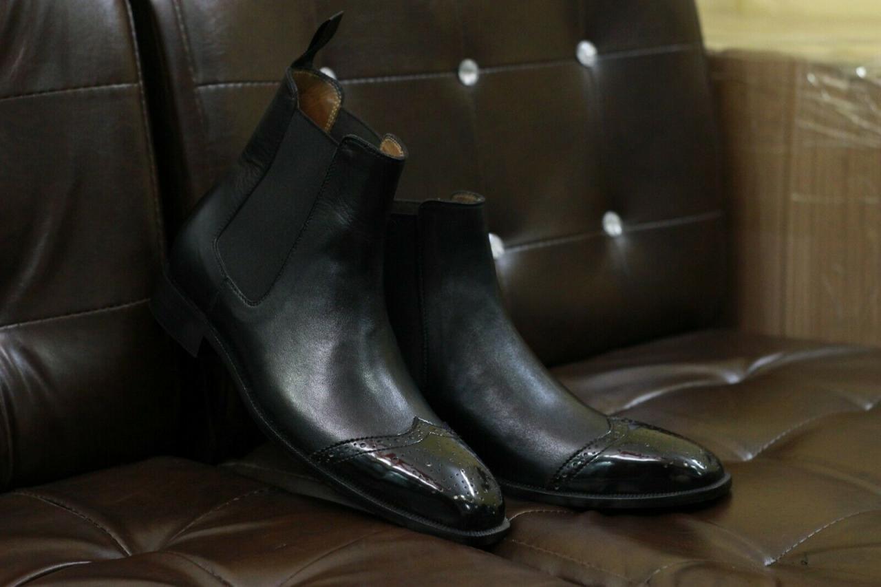 Men Handmade Black Leather Boots Goodyear Welted