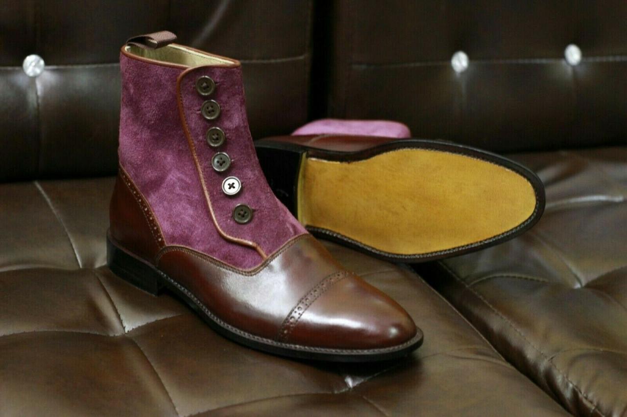 Men Handmade Purple Leather And Suede Button Boots,goodyear Welted