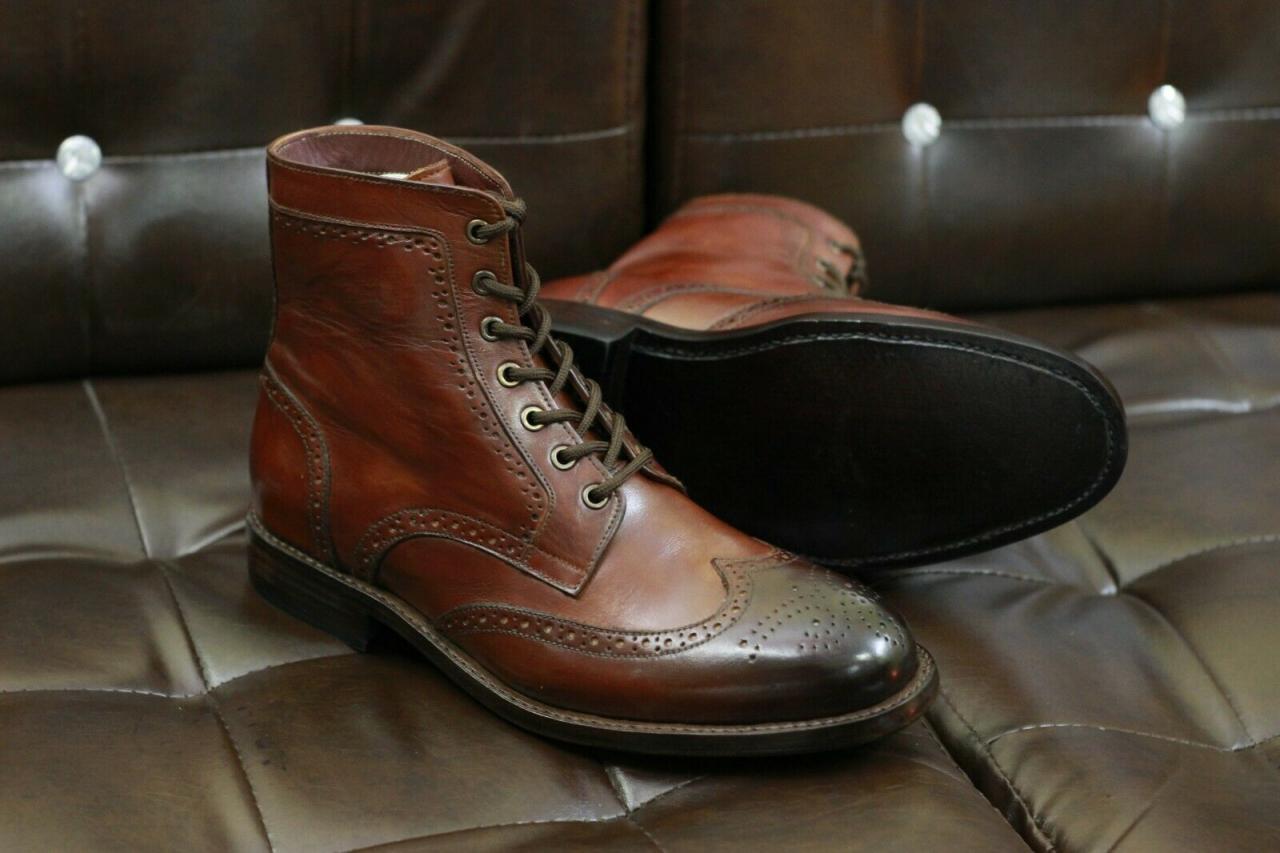 Men Handmade Brown Wingtip Leather Boots,goodyear Welted