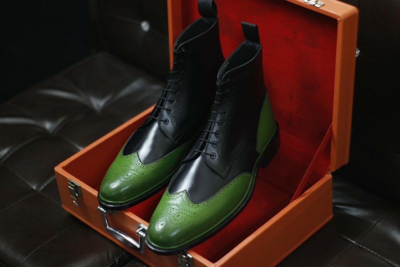 Men Handmade Green & Black Wingtip Leather Boot, Goodyear Welted